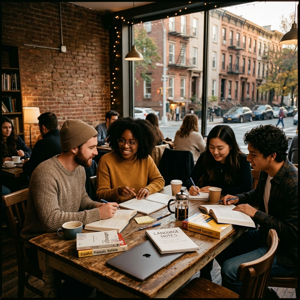 Estudiantes en un café de Brooklyn con brownstones
