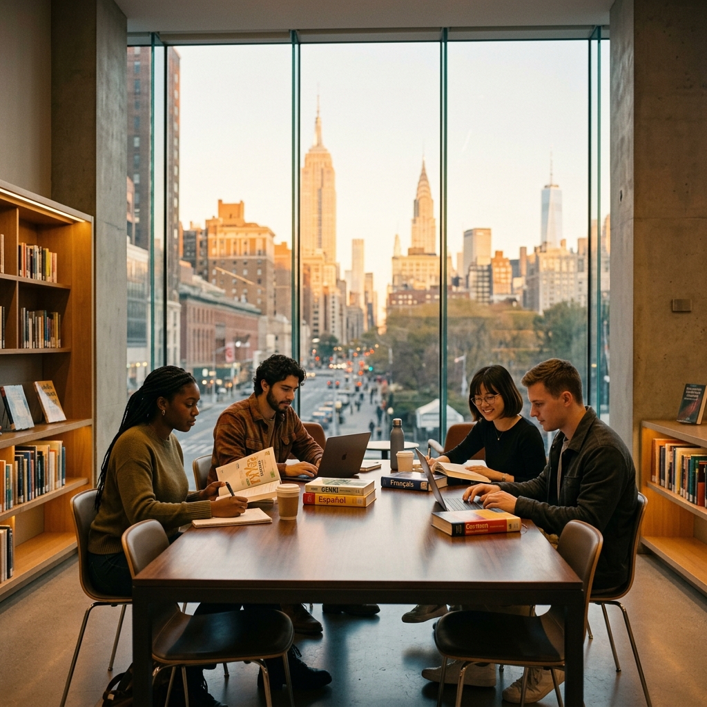 Estudiantes en una biblioteca moderna de Manhattan