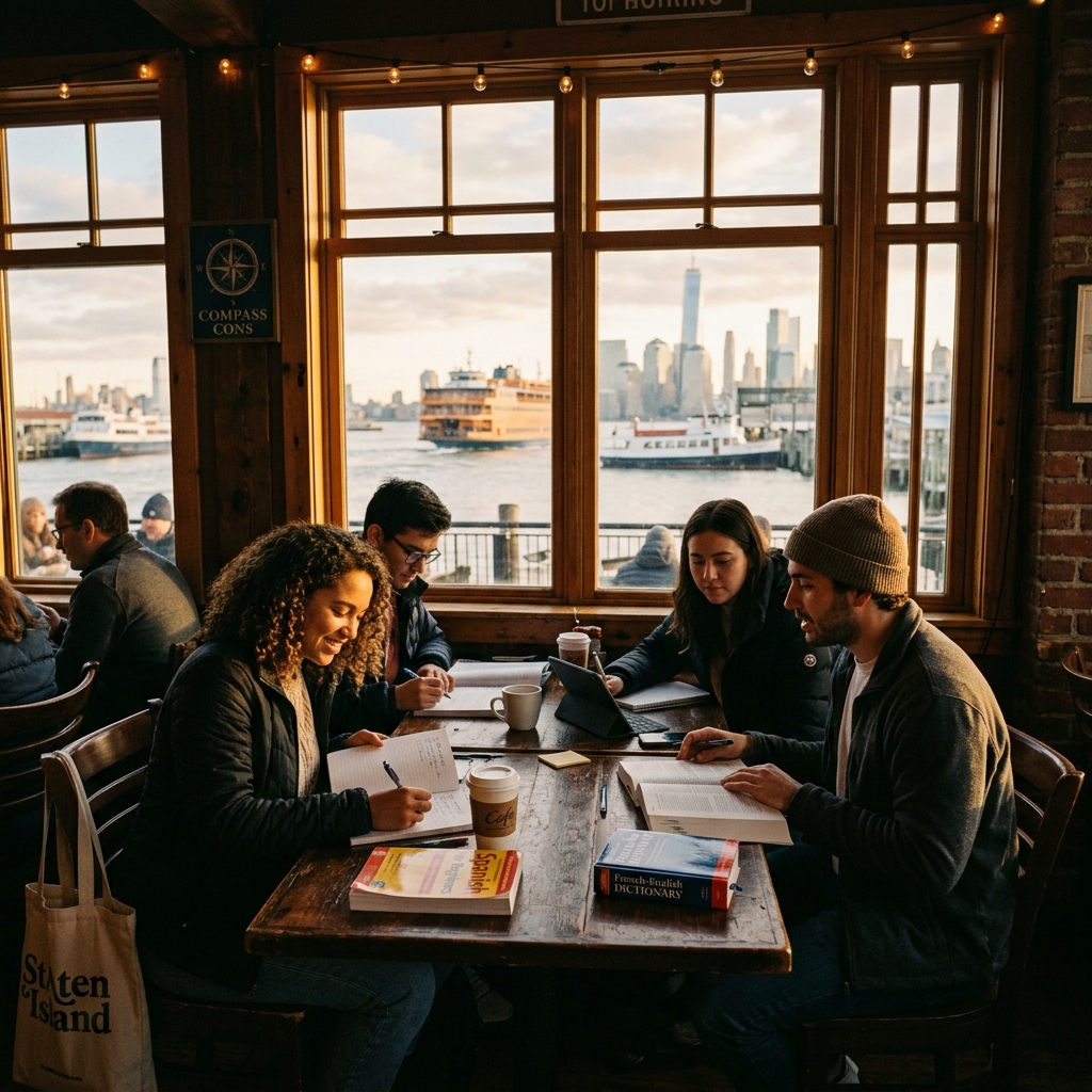 Estudiantes en un café junto al puerto de Staten Island